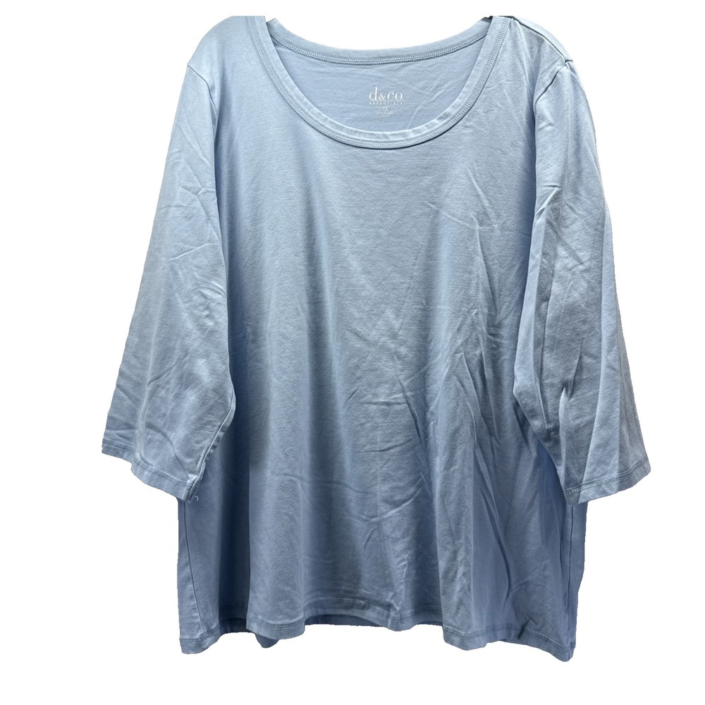 Denim & Co Women's Top Size 1X Plus Solid Blue 3/4 Sleeve Pullover Cotton Blend
